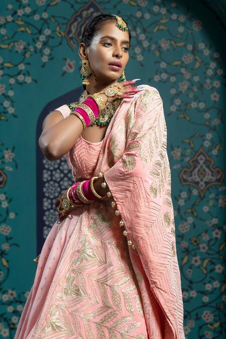 Buy_Monk & Mei By Sonia Anand_Pink Silk, Velvet Tassels, Gota Patti Scoop Butti Work Lehenga Set With Cape 