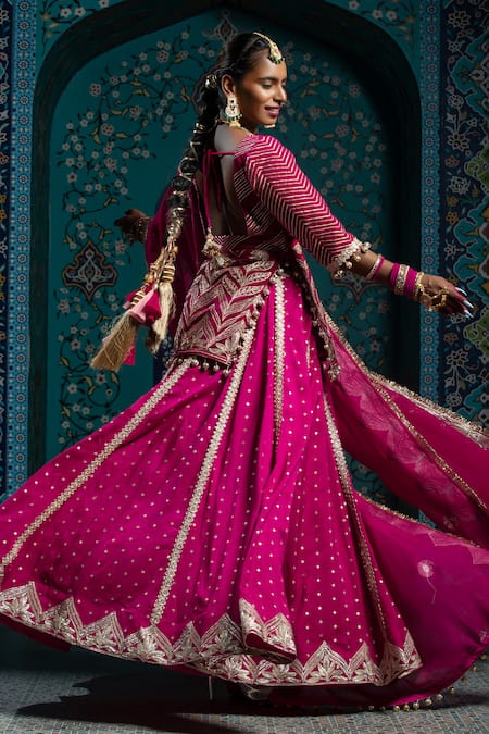 Monk & Mei By Sonia Anand Fuchsia Butti Gota Work Lehenga Set 