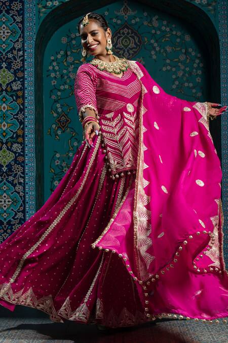Buy_Monk & Mei By Sonia Anand_Fuchsia Organza, Velvet, Silk Gota Patti, Tassels V-neck Butti Work Lehenga Set _Online_at_Aza_Fashions