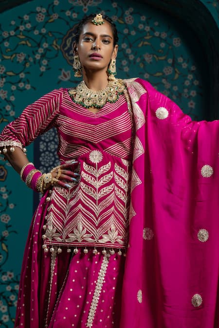 Shop_Monk & Mei By Sonia Anand_Fuchsia Organza, Velvet, Silk Gota Patti, Tassels V-neck Butti Work Lehenga Set _Online_at_Aza_Fashions