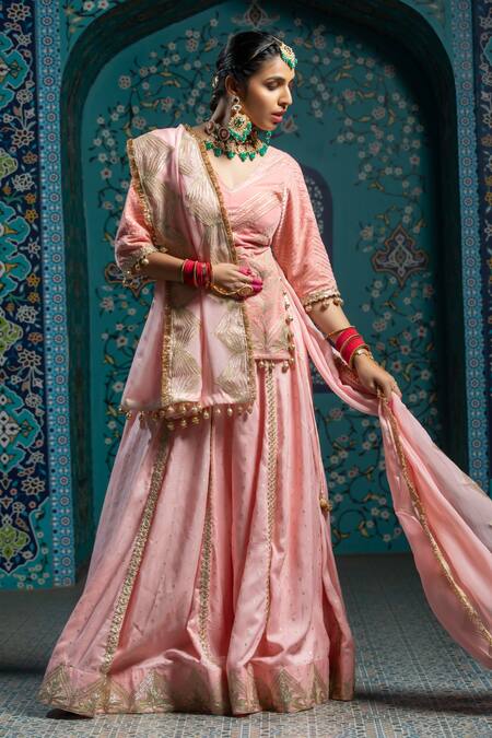 Buy_Monk & Mei By Sonia Anand_Pink Organza, Velvet, Silk Tassels Butti Gota Embroidered Lehenga Kurta Set _Online_at_Aza_Fashions