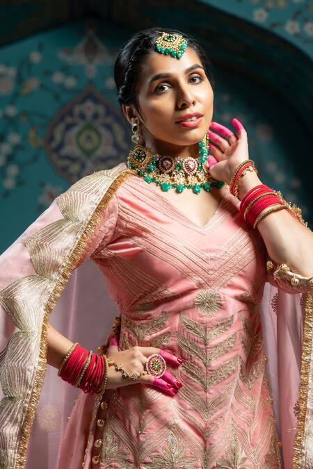 Shop_Monk & Mei By Sonia Anand_Pink Organza, Velvet, Silk Tassels Butti Gota Embroidered Lehenga Kurta Set _Online_at_Aza_Fashions