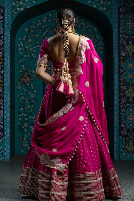 Monk & Mei By Sonia Anand Fuchsia Gota Stripe Embroidered Lehenga Set 