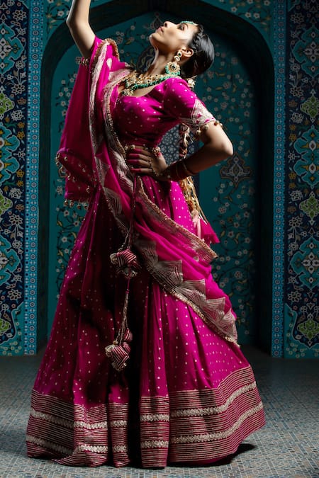 Buy_Monk & Mei By Sonia Anand_Fuchsia Silk, Brocade, Organza, Velvet Tassels, Gota Stripe Lehenga Set _Online_at_Aza_Fashions