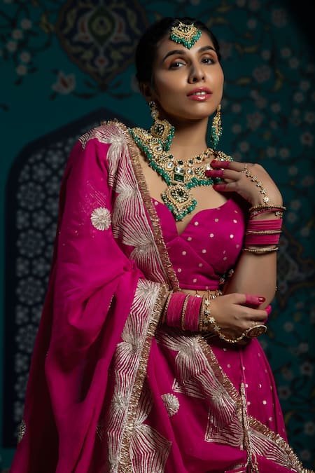 Shop_Monk & Mei By Sonia Anand_Fuchsia Silk, Brocade, Organza, Velvet Tassels, Gota Stripe Lehenga Set _Online_at_Aza_Fashions