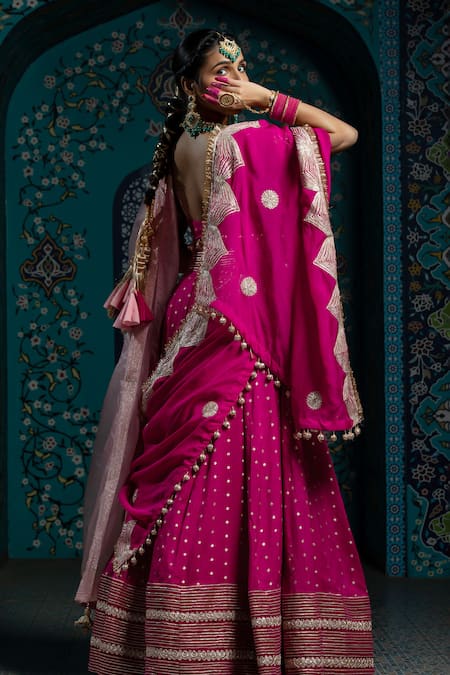 Monk & Mei By Sonia Anand_Fuchsia Silk, Brocade, Organza, Velvet Tassels, Gota Stripe Lehenga Set _at_Aza_Fashions