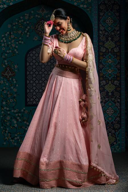 Buy_Monk & Mei By Sonia Anand_Pink Organza, Velvet, Silk Tassels, Embroidery Sweetheart Neck Gota Lehenga Set _Online_at_Aza_Fashions