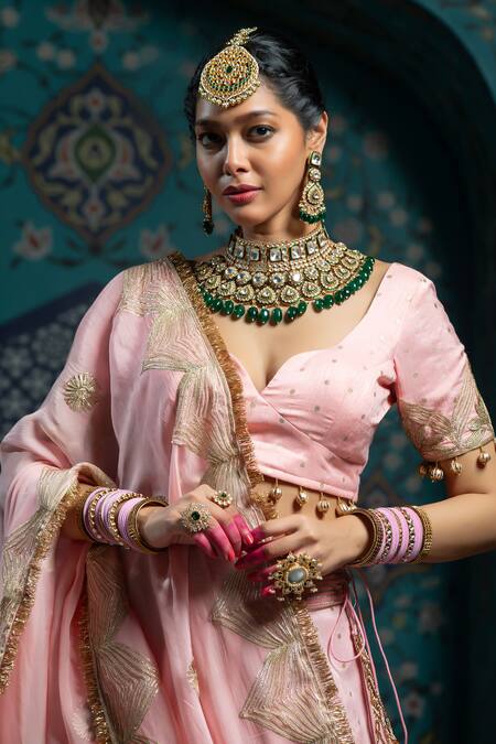 Shop_Monk & Mei By Sonia Anand_Pink Organza, Velvet, Silk Tassels, Embroidery Sweetheart Neck Gota Lehenga Set _Online_at_Aza_Fashions