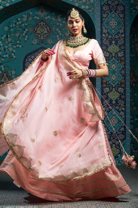 Monk & Mei By Sonia Anand_Pink Organza, Velvet, Silk Tassels, Embroidery Sweetheart Neck Gota Lehenga Set _at_Aza_Fashions
