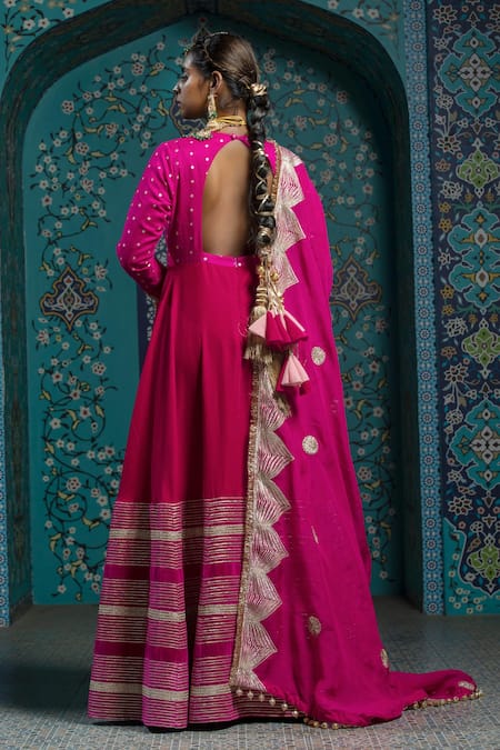 Monk & Mei By Sonia Anand Gota Embroidered Fuchsia Anarkali Set 