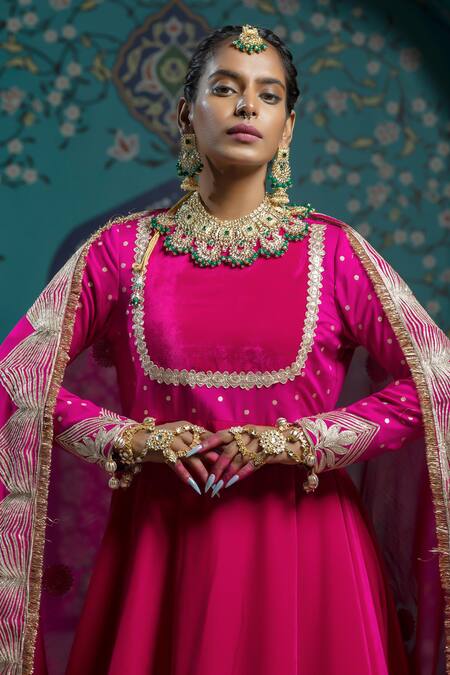 Shop Monk & Mei By Sonia Anand Fuchsia Organza, Velvet, Silk Gota Patti, Tassels Embroidered Anarkali Set Online at Aza Fashions Shop_Monk & Mei By Sonia Anand_Fuchsia Organza, Velvet, Silk Gota Patti, Tassels Embroidered Anarkali Set _Online_at_Aza_Fashions