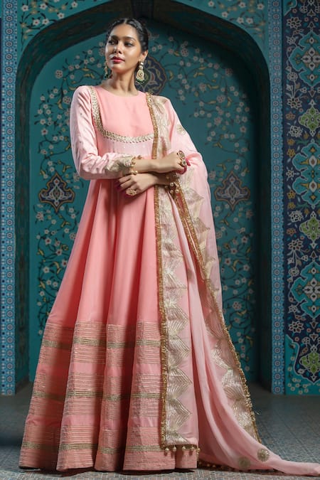 MONK & MEI BY SONIA ANAND Gota Striped Embroidered Hem Anarkali With Dupatta 