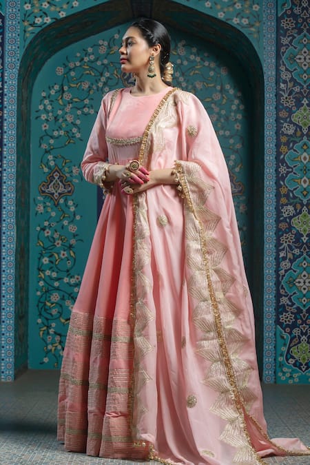 Buy Monk & Mei By Sonia Anand Pink Organza, Velvet, Silk Tassels Gota Embroidered Anarkali Set With Dupatta Online at Aza Fashions Buy_Monk & Mei By Sonia Anand_Pink Organza, Velvet, Silk Tassels Gota Embroidered Anarkali Set With Dupatta _Online_at_Aza_Fashions