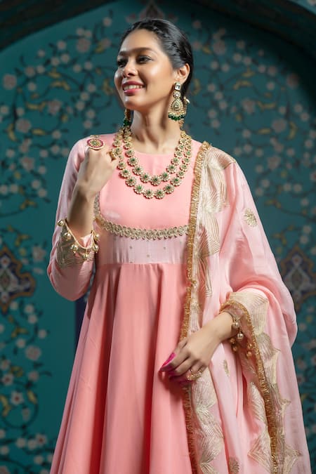 Shop Monk & Mei By Sonia Anand Pink Organza, Velvet, Silk Tassels Gota Embroidered Anarkali Set With Dupatta Online at Aza Fashions Shop_Monk & Mei By Sonia Anand_Pink Organza, Velvet, Silk Tassels Gota Embroidered Anarkali Set With Dupatta _Online_at_Aza_Fashions