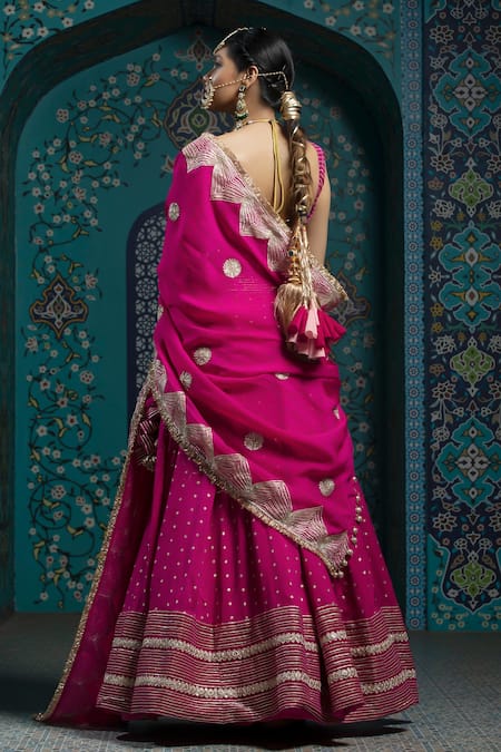 Monk & Mei By Sonia Anand Fuchsia Gota Embroidered Lehenga Set 