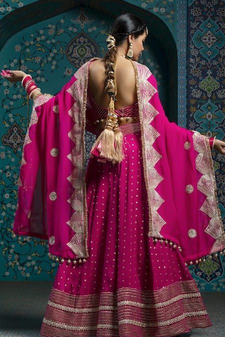 Shop_Monk & Mei By Sonia Anand_Fuchsia Organza, Velvet, Silk Tassels, Gota Patti, Embroidery Scoop Lehenga Set _Online_at_Aza_Fashions