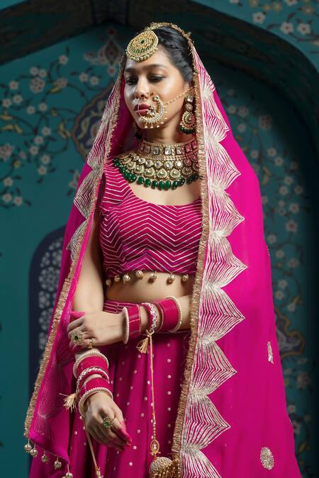 Monk & Mei By Sonia Anand_Fuchsia Organza, Velvet, Silk Tassels, Gota Patti, Embroidery Scoop Lehenga Set _at_Aza_Fashions