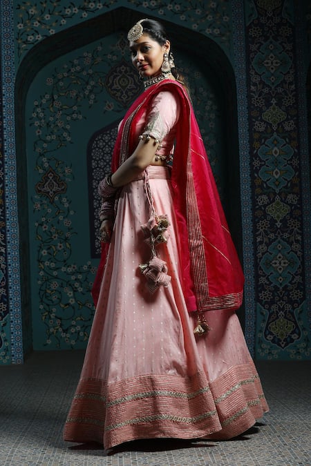 Buy_Monk & Mei By Sonia Anand_Pink Silk, Organza, Velvet Tassels, Embroidery Sweetheart Gota Work Lehenga Set _Online_at_Aza_Fashions