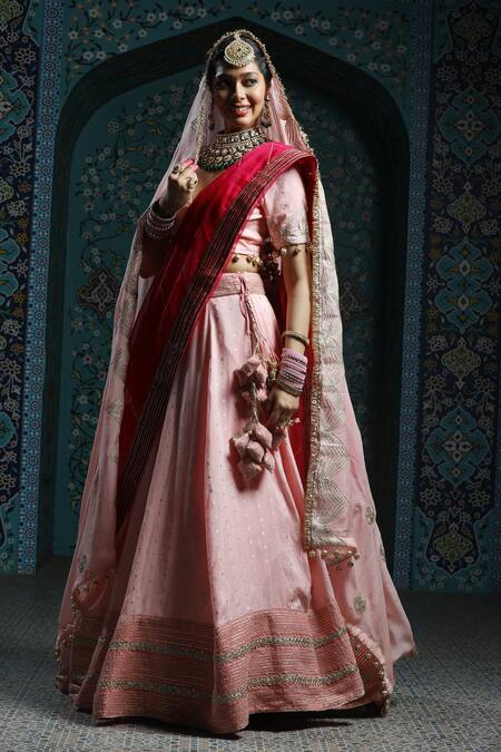 Shop_Monk & Mei By Sonia Anand_Pink Silk, Organza, Velvet Tassels, Embroidery Sweetheart Gota Work Lehenga Set _Online_at_Aza_Fashions