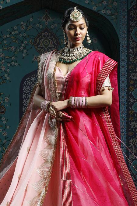 Monk & Mei By Sonia Anand_Pink Silk, Organza, Velvet Tassels, Embroidery Sweetheart Gota Work Lehenga Set _at_Aza_Fashions