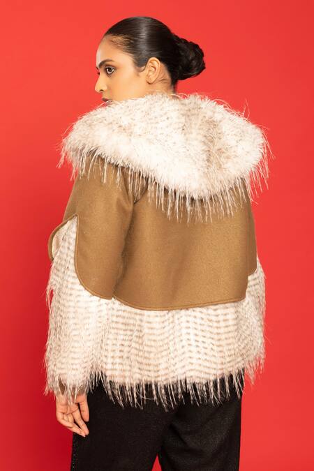 Shop Pooja Shroff White Fur, Suede Shawl Neck Gradient Knitted Jacket at Aza Fashions Shop_Pooja Shroff_White Fur, Suede Shawl Neck Gradient Knitted Jacket_at_Aza_Fashions
