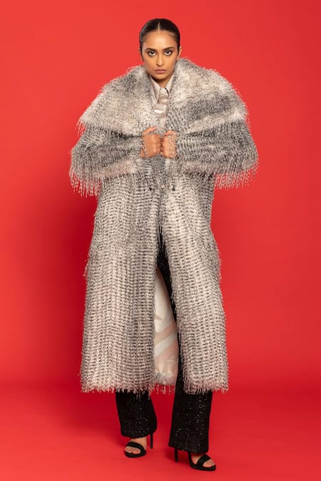 POOJA SHROFF Rue De Cambon Fur Knit Overcoat 