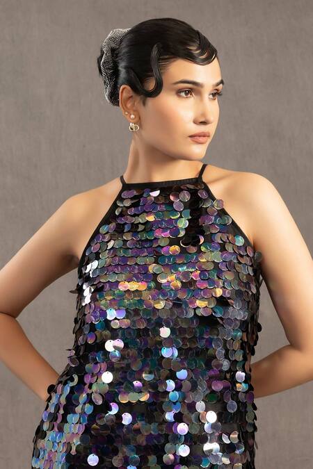 Pooja Shroff_Multi Color Net Sequins Halter Neck Holographic Dress_Online_at_Aza_Fashions