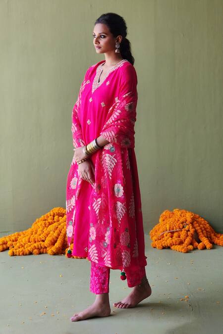 Pooja Singhal Pink Silk, Handloom Cotton Sequins, Bloom Marodi Embroidered Kurta Pant Set Online at Aza Fashions Pooja Singhal_Pink Silk, Handloom Cotton Sequins, Bloom Marodi Embroidered Kurta Pant Set_Online_at_Aza_Fashions