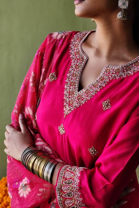 Buy Pooja Singhal Pink Silk, Handloom Cotton Sequins, Bloom Marodi Embroidered Kurta Pant Set Online at Aza Fashions Buy_Pooja Singhal_Pink Silk, Handloom Cotton Sequins, Bloom Marodi Embroidered Kurta Pant Set_Online_at_Aza_Fashions
