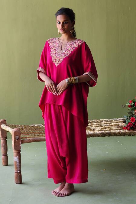Buy Pooja Singhal Pink Silk Sequins, Pearls Split V-neck Blossom Marodi Embroidered Kurta Set Online at Aza Fashions Buy_Pooja Singhal_Pink Silk Sequins, Pearls Split V-neck Blossom Marodi Embroidered Kurta Set _Online_at_Aza_Fashions