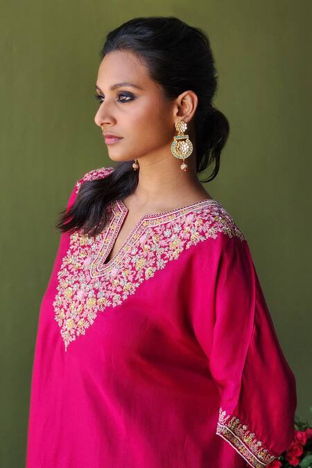 Shop Pooja Singhal Pink Silk Sequins, Pearls Split V-neck Blossom Marodi Embroidered Kurta Set Online at Aza Fashions Shop_Pooja Singhal_Pink Silk Sequins, Pearls Split V-neck Blossom Marodi Embroidered Kurta Set _Online_at_Aza_Fashions