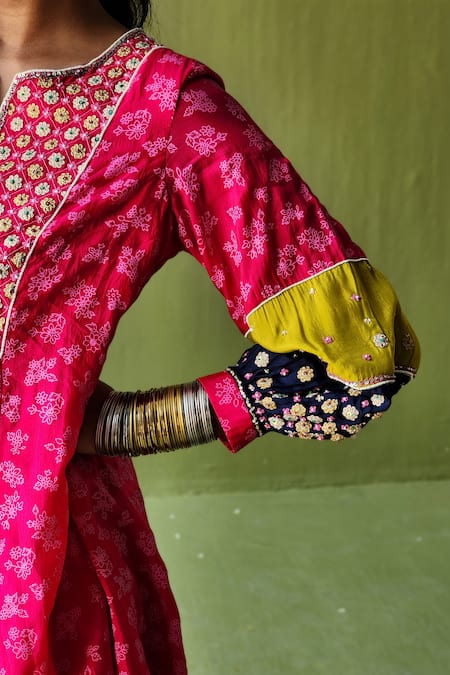 Shop_Pooja Singhal_Pink Silk, Handloom Cotton, Linen Diamonds, Floral Print Marodi Anarkali Set _Online_at_Aza_Fashions