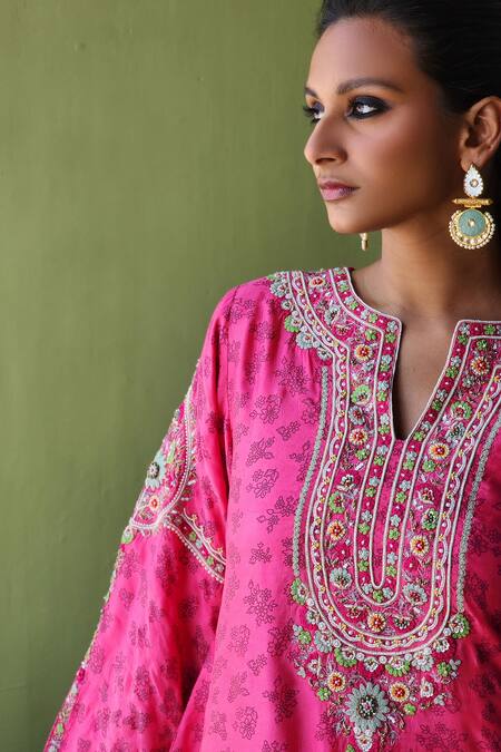 Buy_Pooja Singhal_Pink Silk, Handloom Cotton, Net Pearls, Sequins, Bahar Print Marodi Kurta Set _Online_at_Aza_Fashions