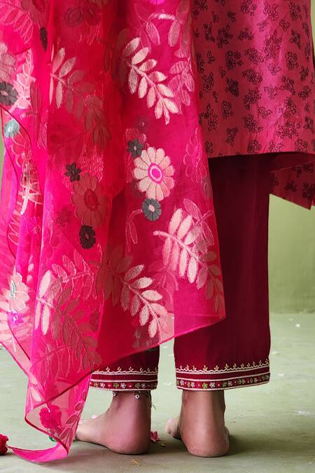 Shop_Pooja Singhal_Pink Silk, Handloom Cotton, Net Pearls, Sequins, Bahar Print Marodi Kurta Set _Online_at_Aza_Fashions