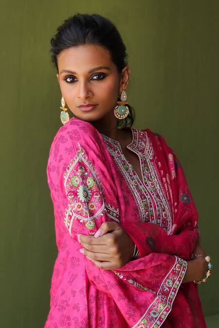 Pooja Singhal_Pink Silk, Handloom Cotton, Net Pearls, Sequins, Bahar Print Marodi Kurta Set _at_Aza_Fashions