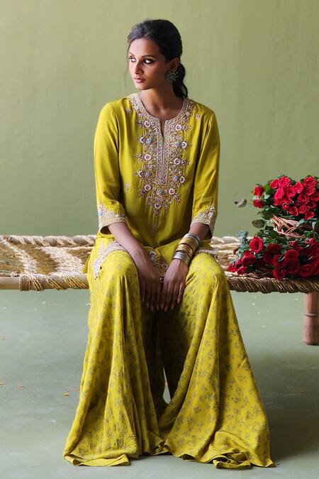 Shop Pooja Singhal Green Silk, Handloom Cotton Pearls, Florence Marodi Kurta Sharara Set at Aza Fashions Shop_Pooja Singhal_Green Silk, Handloom Cotton Pearls, Florence Marodi Kurta Sharara Set_at_Aza_Fashions