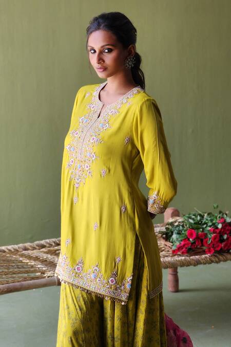 Pooja Singhal Green Silk, Handloom Cotton Pearls, Florence Marodi Kurta Sharara Set Online at Aza Fashions Pooja Singhal_Green Silk, Handloom Cotton Pearls, Florence Marodi Kurta Sharara Set_Online_at_Aza_Fashions