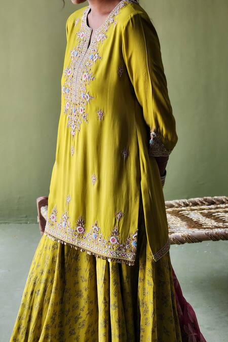 Shop Pooja Singhal Green Silk, Handloom Cotton Pearls, Florence Marodi Kurta Sharara Set Online at Aza Fashions Shop_Pooja Singhal_Green Silk, Handloom Cotton Pearls, Florence Marodi Kurta Sharara Set_Online_at_Aza_Fashions