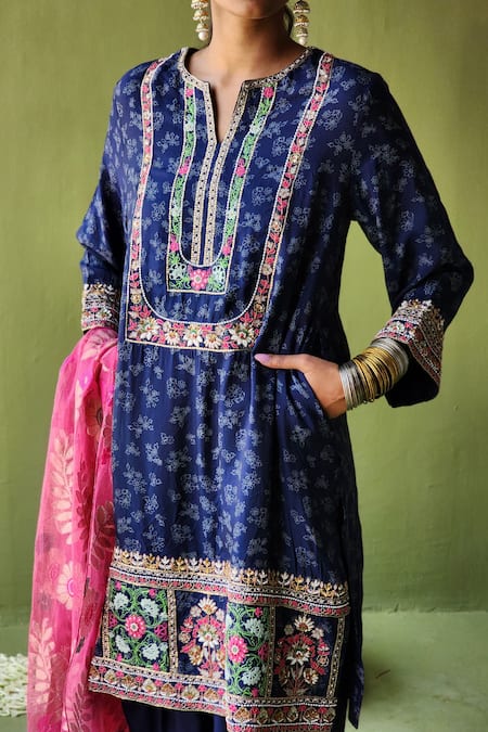 Buy_Pooja Singhal_Blue Silk Print Phool Split V Neck And Marodi Embroidered Kurta Set _Online_at_Aza_Fashions
