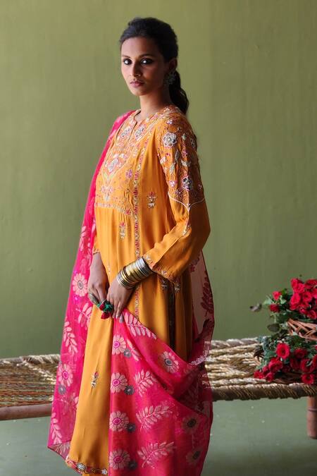 Pooja Singhal_Orange Silk, Handloom Cotton Pearls, Embroidery Split Bahara Thread Kurta Set _Online_at_Aza_Fashions