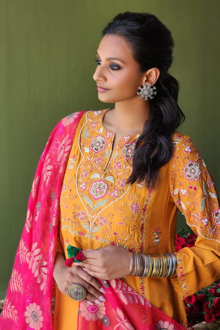 Shop_Pooja Singhal_Orange Silk, Handloom Cotton Pearls, Embroidery Split Bahara Thread Kurta Set _Online_at_Aza_Fashions