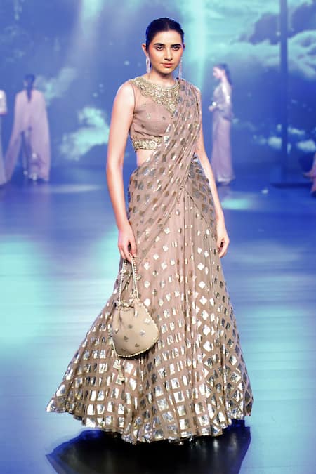 Rabani & Rakha Gold Georgette Sequins Round Neck Embroidered Lehenga Set Online at Aza Fashions Rabani & Rakha_Gold Georgette Sequins Round Neck Embroidered Lehenga Set _Online_at_Aza_Fashions