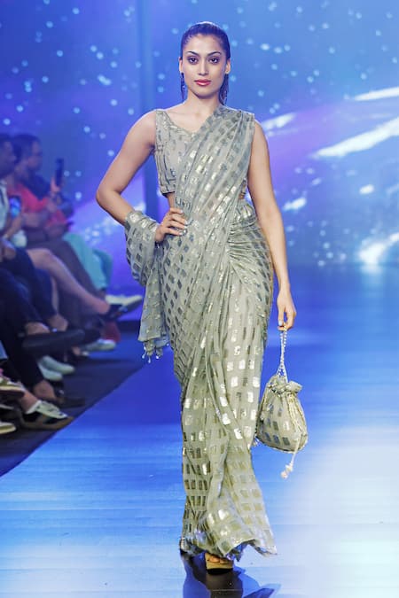 Rabani & Rakha Geometric Sequin Work Pre-Draped Saree With Blouse 