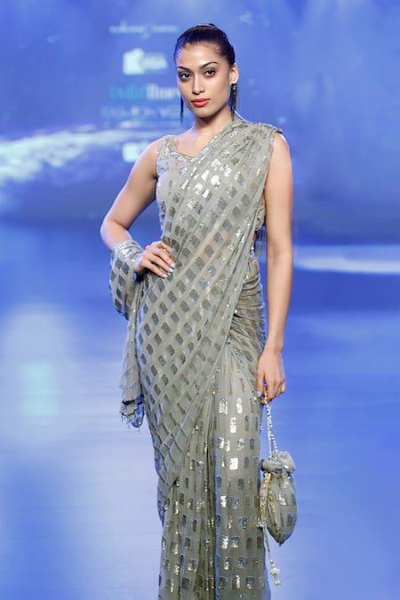 Rabani & Rakha Geometric Sequin Embroidered Pre-Draped Saree 