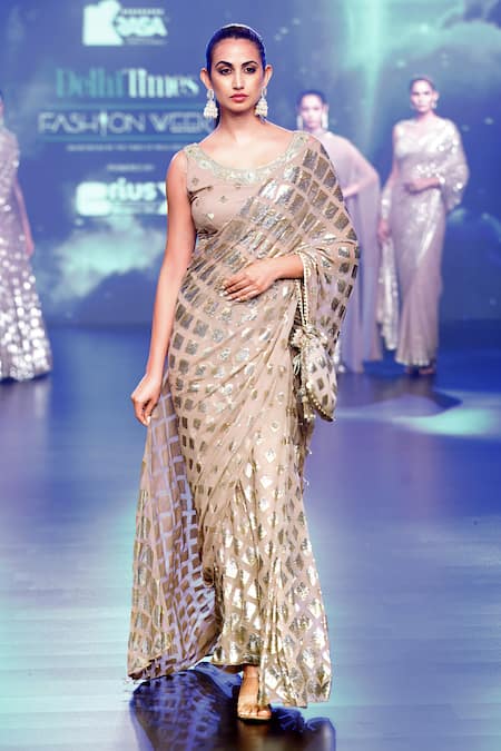 Rabani & Rakha Sequin Work Pre-Draped Saree With Blouse 