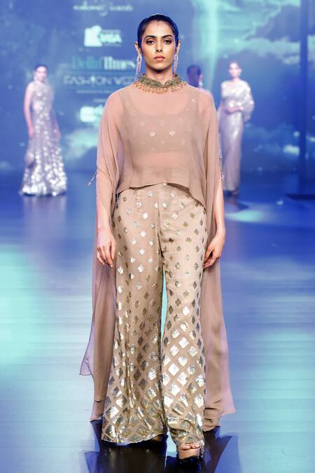 Shop Rabani & Rakha Gold Georgette Sequins Round Neck Embellished Cape Flared Pant Set at Aza Fashions Shop_Rabani & Rakha_Gold Georgette Sequins Round Neck Embellished Cape Flared Pant Set _at_Aza_Fashions