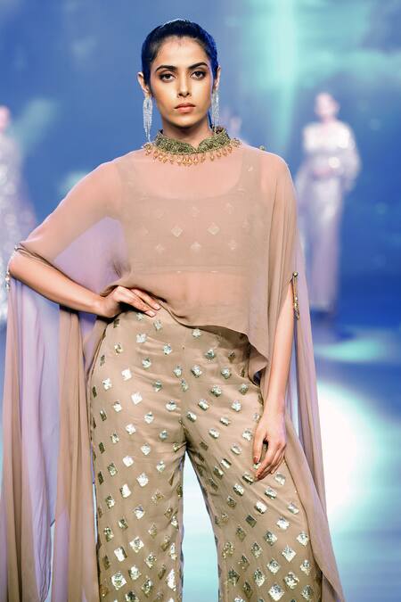 Rabani & Rakha Gold Georgette Sequins Round Neck Embellished Cape Flared Pant Set Online at Aza Fashions Rabani & Rakha_Gold Georgette Sequins Round Neck Embellished Cape Flared Pant Set _Online_at_Aza_Fashions