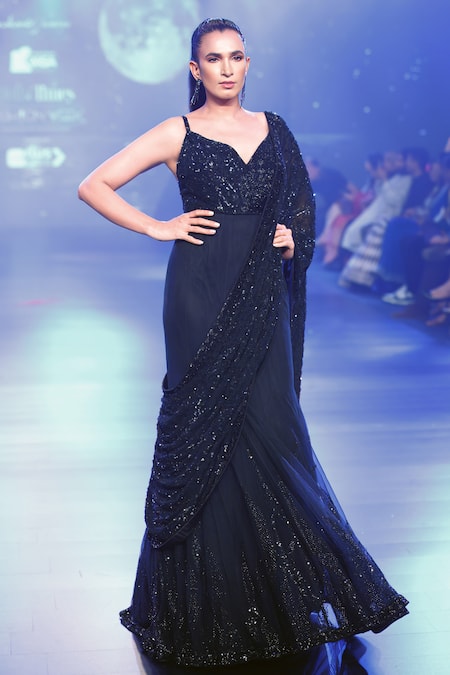 Rabani & Rakha Sequin Embroidered Panelled Gown With Drape 