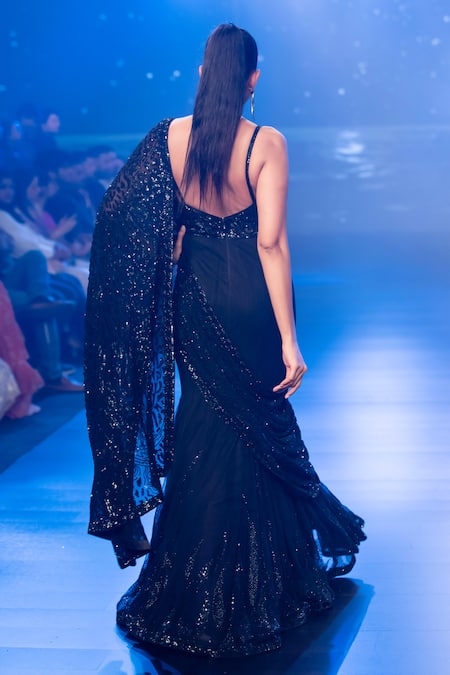 Rabani & Rakha Navy Blue Sequin Embroidered Gown & Drape 