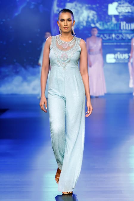 Rabani & Rakha Embroidered Sequin Blue Jumpsuit 